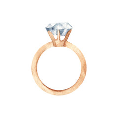 Golden ring with Diamond Stone. Watercolor hand drawn illustration of jewelry in realistic style isolated on a white background. Design element for wedding, Valentine Day, Engagement and Fashion