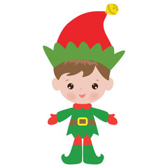 Cute Christmas elf boy with candy cane vector cartoon flat style illustration