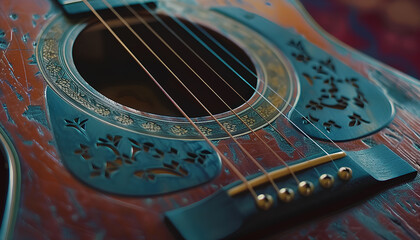Selective focus of acoustic six string guitar sound hole and Phosphor bronze strings