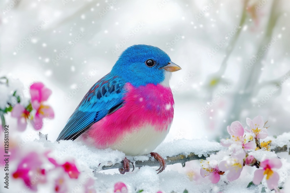 Poster a bird sits on a snowy branch, its feathers displaying shades of blue and pink