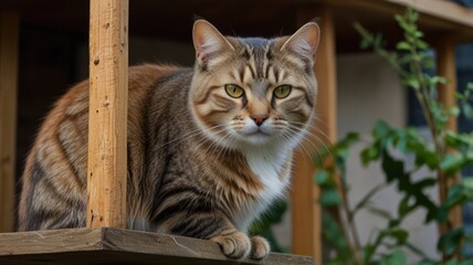 Alert tabby cat sitting outdoors on wooden structure.