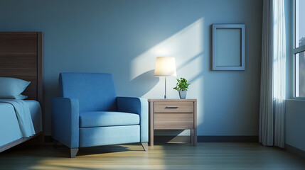 Cozy modern bedroom interior with blue armchair and nightstand in sunlight