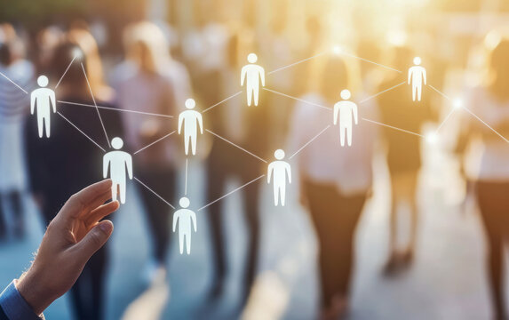 Diverse group networking with abstract icons in a sunlit urban setting - Powered by Adobe