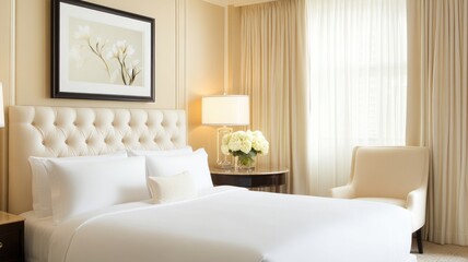Elegant hotel room interior with plush bedding and soft lighting for relaxation and comfort