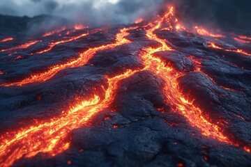 Close-up shot of a lava-covered mountain with rugged terrain and volcanic rock formations
