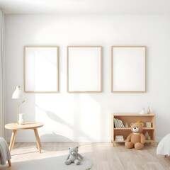 children's room interior, three blank wooden edge frames on white wall, wooden floor, table, bed, bookshelf, teddy bear, scandinavian style design