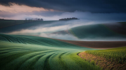 Rolling fields shrouded in thick morning mist under a cloudy sky.