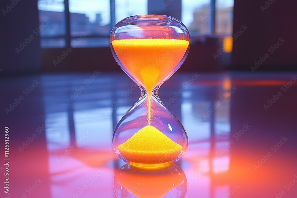 Poster a classic hourglass sits on a table near a window, with soft light and subtle texture