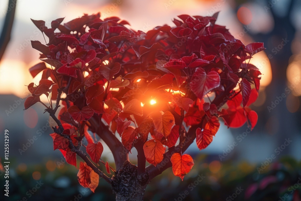 Poster a unique tree shape resembling a heart, illuminated by the warm glow of sunset