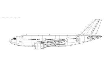 Airbus A310-300. Vector drawing of wide-body jet airliner. Side view. Image for illustration and infographics.