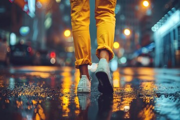 A person walking alone on a wet street under the city lights