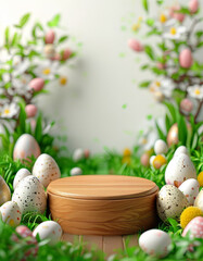 Easter product display podium mock up background, easter egg, spring flower, Background rabbit podium banner, easter stage, grass nature mockup, ad, podium platform, product presentation space