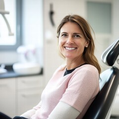 A woman with a warm smile is sitting comfortably in a dental clinic's examination chair. She appears relaxed and at ease as she prepares for her dental check-up