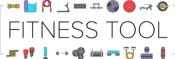 fitness tool dumbbell kettlebell icons set vector. treadmill barbell, resistance band jump rope, yoga mat, foam roller, medicine ball fitness tool dumbbell kettlebell color line illustrations