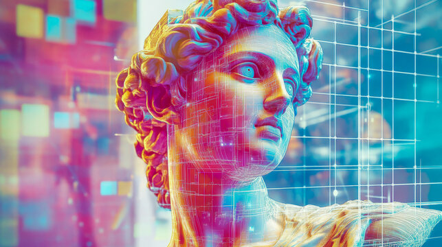 Futuristic digital overlay on classical marble sculpture bust
