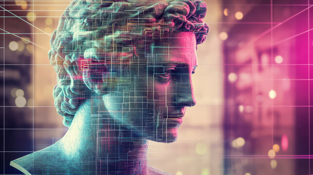 Digital fusion of classical sculpture with vibrant modern overlay - Powered by Adobe