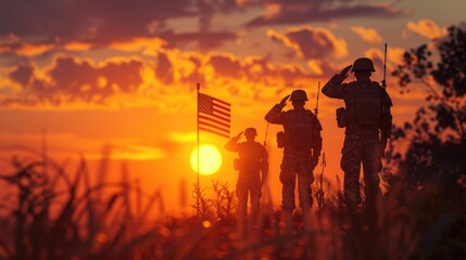 Obraz premium A group of soldiers standing at attention as the sunset sets in the background