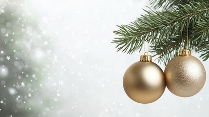 Beautiful Christmas tree background with Christmas tree branches and gold Christmas tree toys