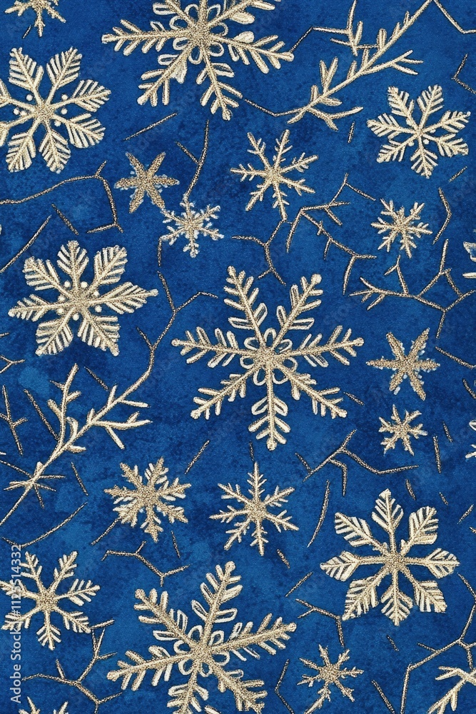Poster a close-up shot of intricate snowflake design on a blue background, suitable for winter or holiday t