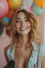 A woman holds a camera in front of a colorful bunch of balloons, capturing the moment