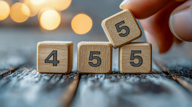 Hand arranging wooden blocks to display number 455 on rustic surface with bokeh background