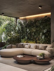 Stylish living room showcases a large beige sectional sofa paired with elegant coffee tables and lush indoor plants, creating a serene and inviting space for relaxation