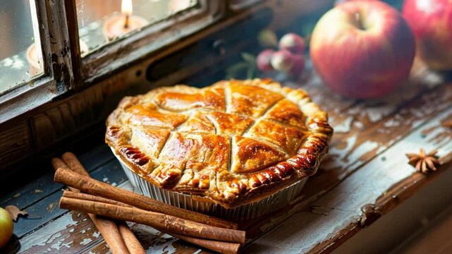 Delicious heart shaped apple pie with golden crust and cinnamon on rustic wooden table, creating warm ambiance perfect for autumn dessert gatherings.