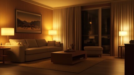Soft golden light fills a serene living room with a couch and coffee table. The curtains are drawn, creating a peaceful atmosphere perfect for relaxation