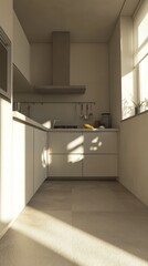 Sunlight streams through the windows of a contemporary kitchen, illuminating the white cabinets and countertops. A tranquil atmosphere invites relaxation and cooking