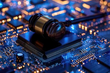 A gavel sits on top of a computer motherboard, providing a unique contrast between technology and tradition