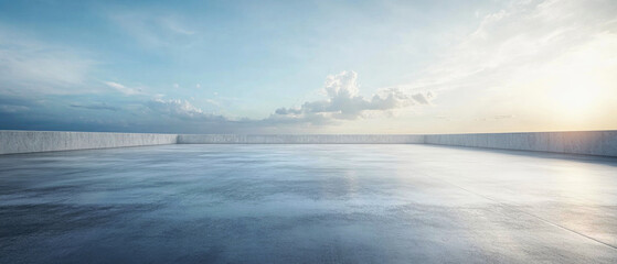 Fototapeta premium An empty concrete rooftop terrace with low walls against dramatic sky with sunset and scattered clouds. Generative AI.