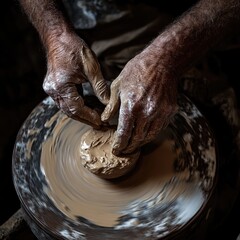 Potter’s hands shaping wet clay on a spinning wheel, showcasing the intricate textures of the clay under warm studio lighting, creating a sense of craftsmanship and focus