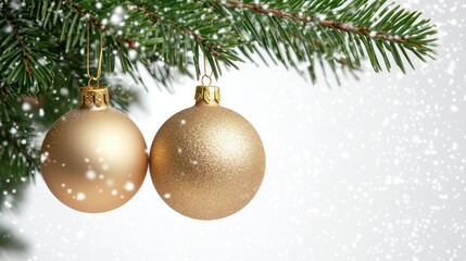 Beautiful Christmas tree background with Christmas tree branches and gold Christmas tree toys