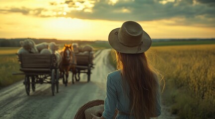 Young Chinese Woman with Long Hair Wearing Old Hat and Holding an Item