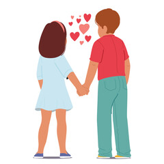 Loving little children cartoon character standing holding hand in hand view from behind back