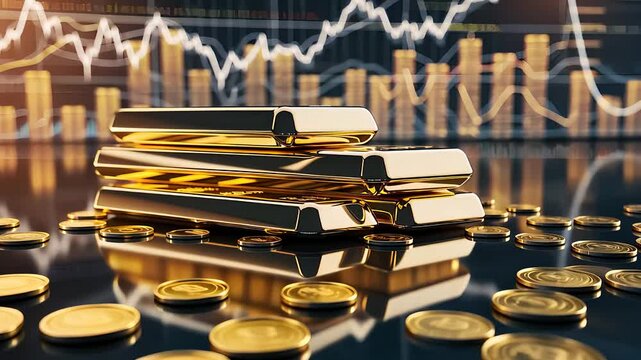 Stacked Gold Bars and Coins with Financial Graphs in the Background Highlighting Wealth and Investment

