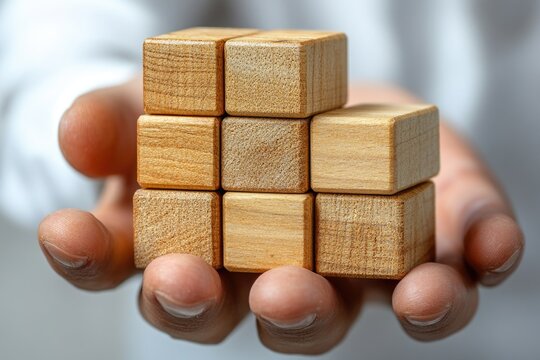 A person holds a wooden cube in their hands