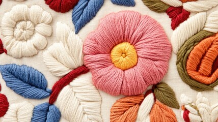 Intricate floral embroidery design with colorful yarn textures for fabric art and crafts