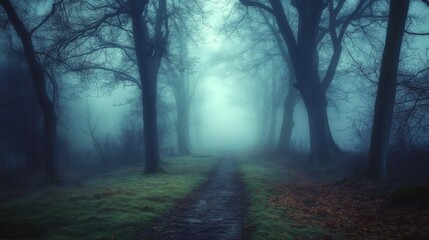 Obraz premium Mysterious foggy forest path.