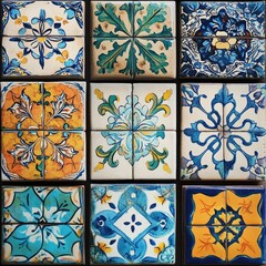 A close-up of vibrant ceramic tiles arranged in traditional Middle Eastern patterns, showcasing sharp details and rich colors