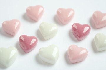 Obraz premium A collection of pink and white hearts arranged on a white surface, perfect for romantic or whimsical designs