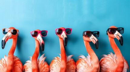 Festive summer birthday card featuring colorful flamingos in sunglasses against a blue backdrop