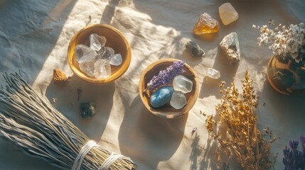 A serene display of crystals and dried herbs, perfect for enhancing wellness and spiritual practices