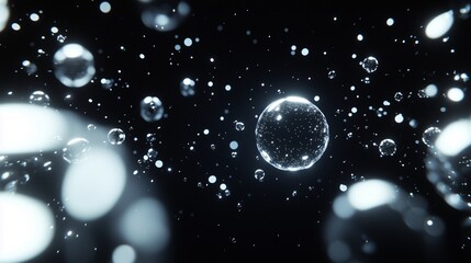 泡や光の粒子がキラキラと輝きながら宙を舞う黒い背景のグラフィック画像