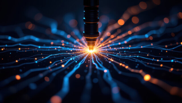 A close-up view of an electrical device with visible circuits and connections glowing blue, symbolizing artificial intelligence's capability to process information.