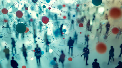 Abstract network with diverse people silhouettes and colorful nodes