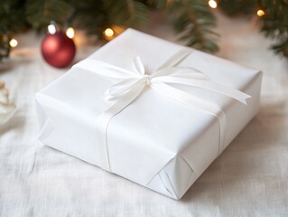 Elegant White Christmas Gift Box with White Ribbon, Festive Season Present