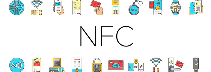 nfc technology contactless icons set vector. payment communication, proximity wireless, data transfer, chip tag, reader nfc technology contactless color line illustrations