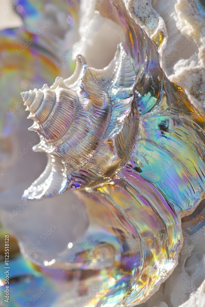 Poster a close-up of a shell found on a sandy beach, ideal for use in travel or nature-related projects