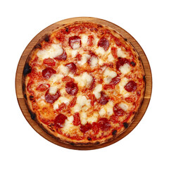 Italian pepperoni pizza isolated on white background, top view